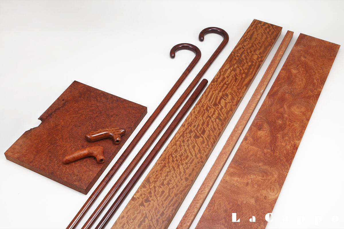 花梨（かりん）：左からコブ材、製品、柾材、杢材